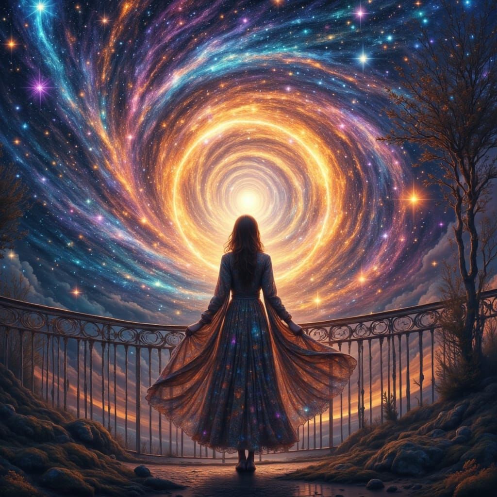 A woman on a balcony watching a cosmic portal form in the stellar skies