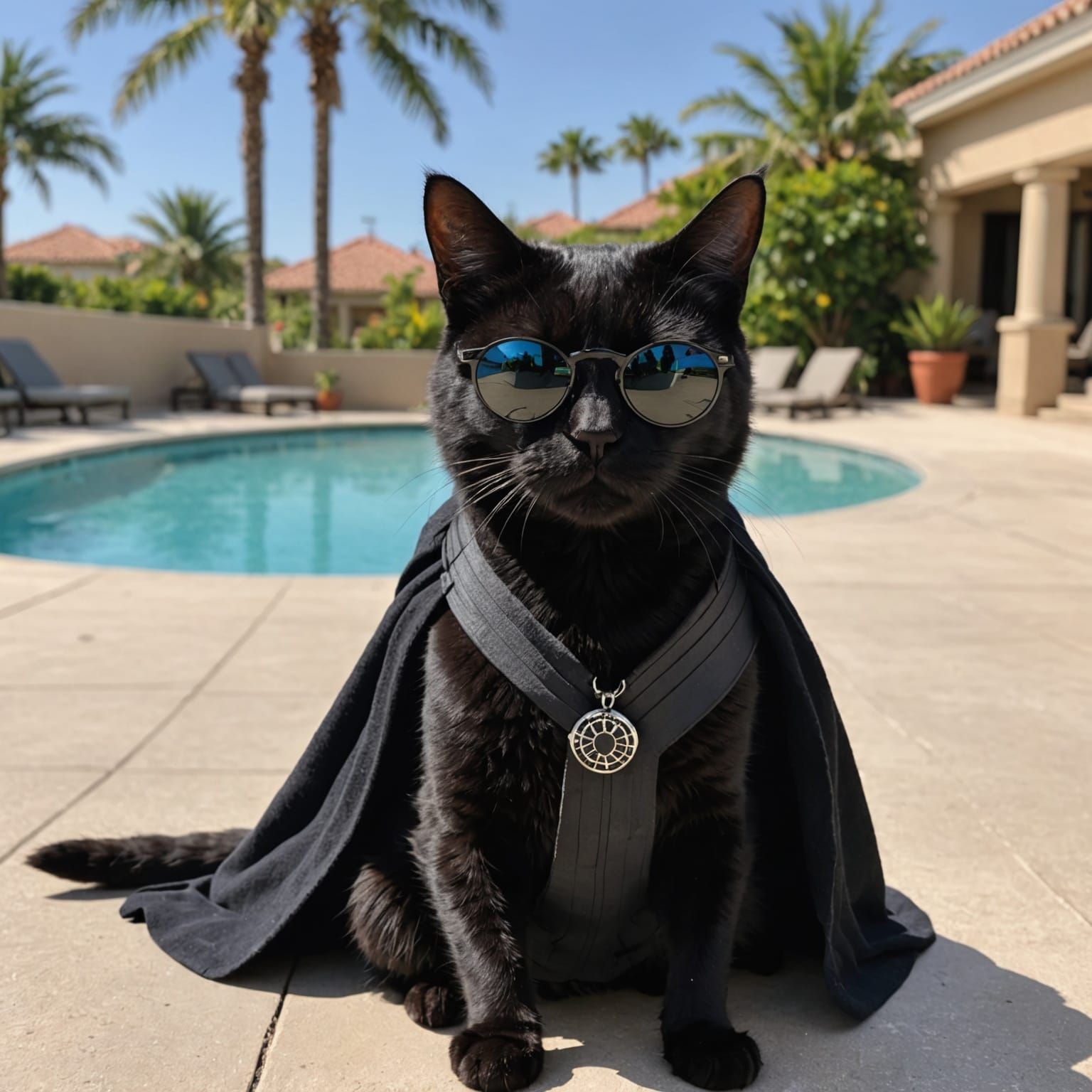 Jedi Black Cat with Sunglasses by Pool