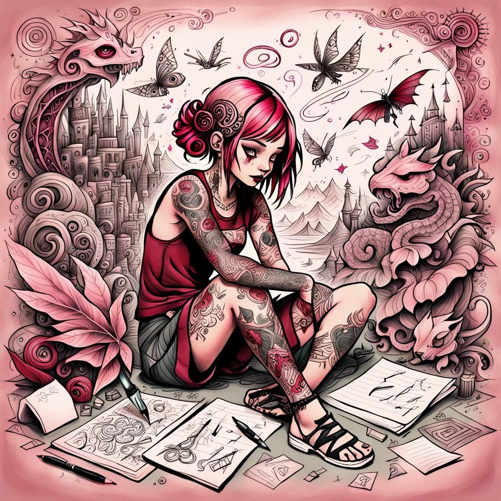 Whimsical Doodle Art of Tattooed Girl in Fantasy Scene