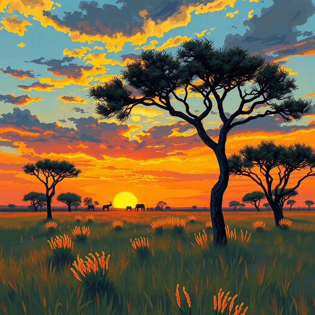Botswana Savannah Sunset in Impressionist Style