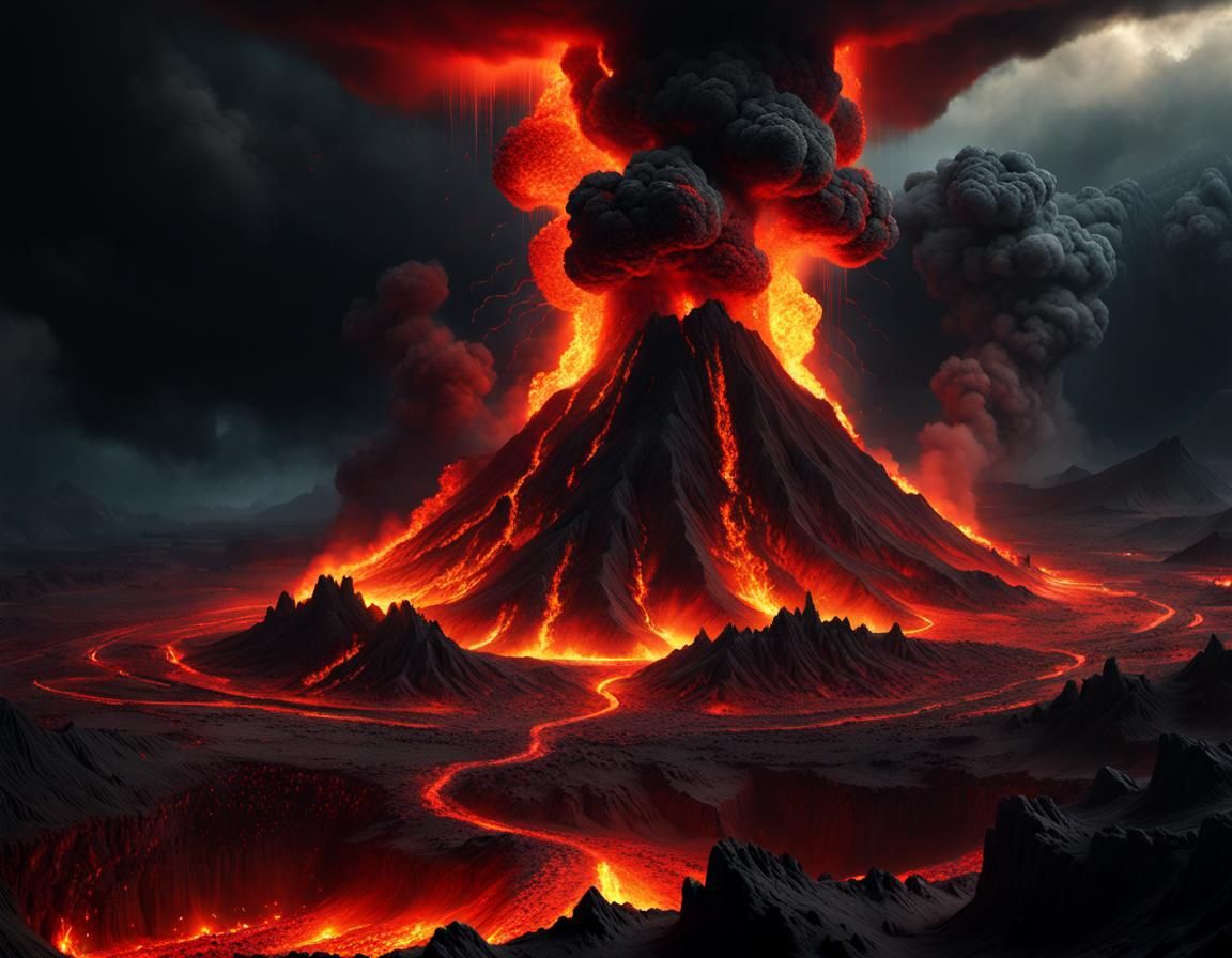 A fiery volcano eruption