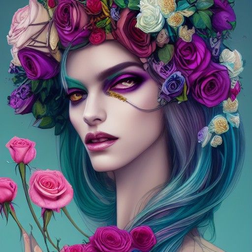 Floral Androgynous God Portrait in Neon Colors