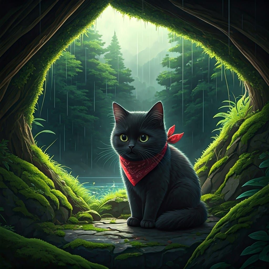 Adorable Black Cat in a Mossy Rocky Alcove