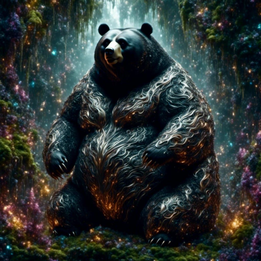 Obese Panda Bear with Dark Sparkle and Flame Effects