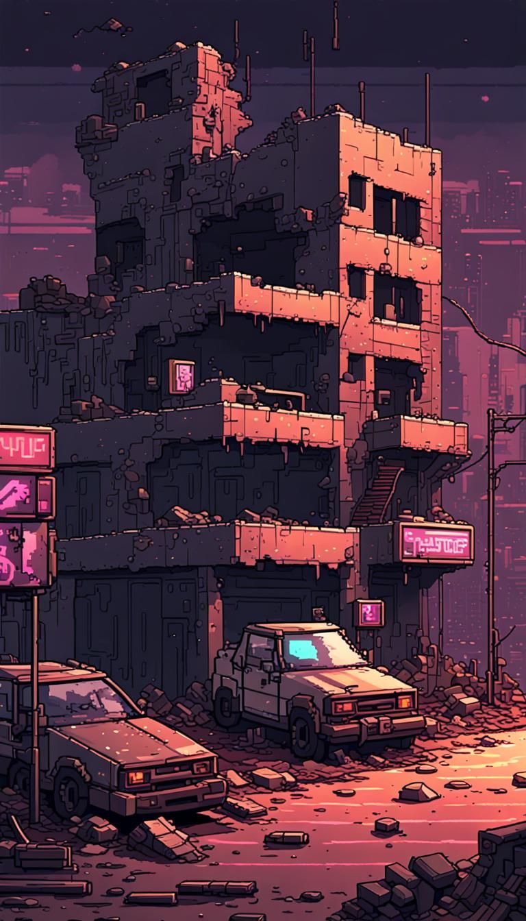 Dystopian Pixel Art Cityscape: Post-Apocalyptic Ruins