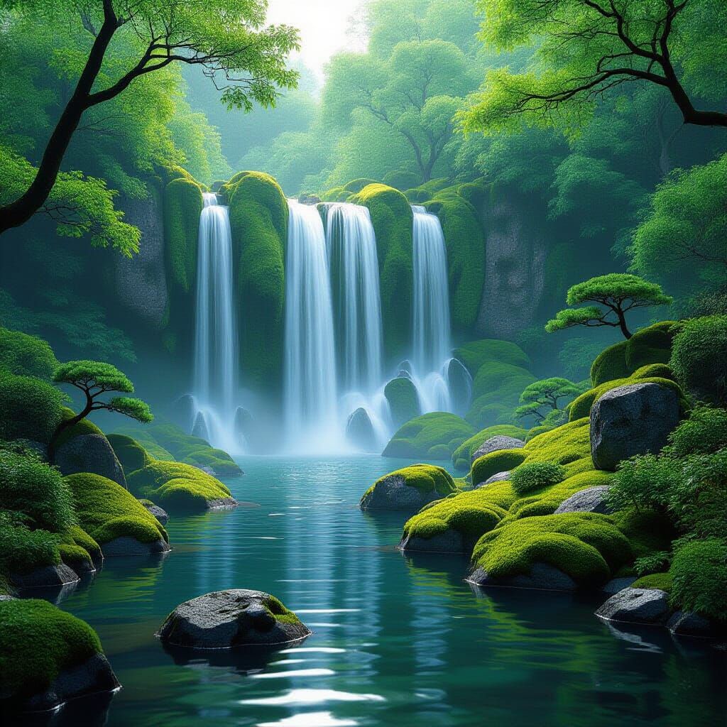 Majestic Waterfall in Japanese Garden, Hyperrealistic Image