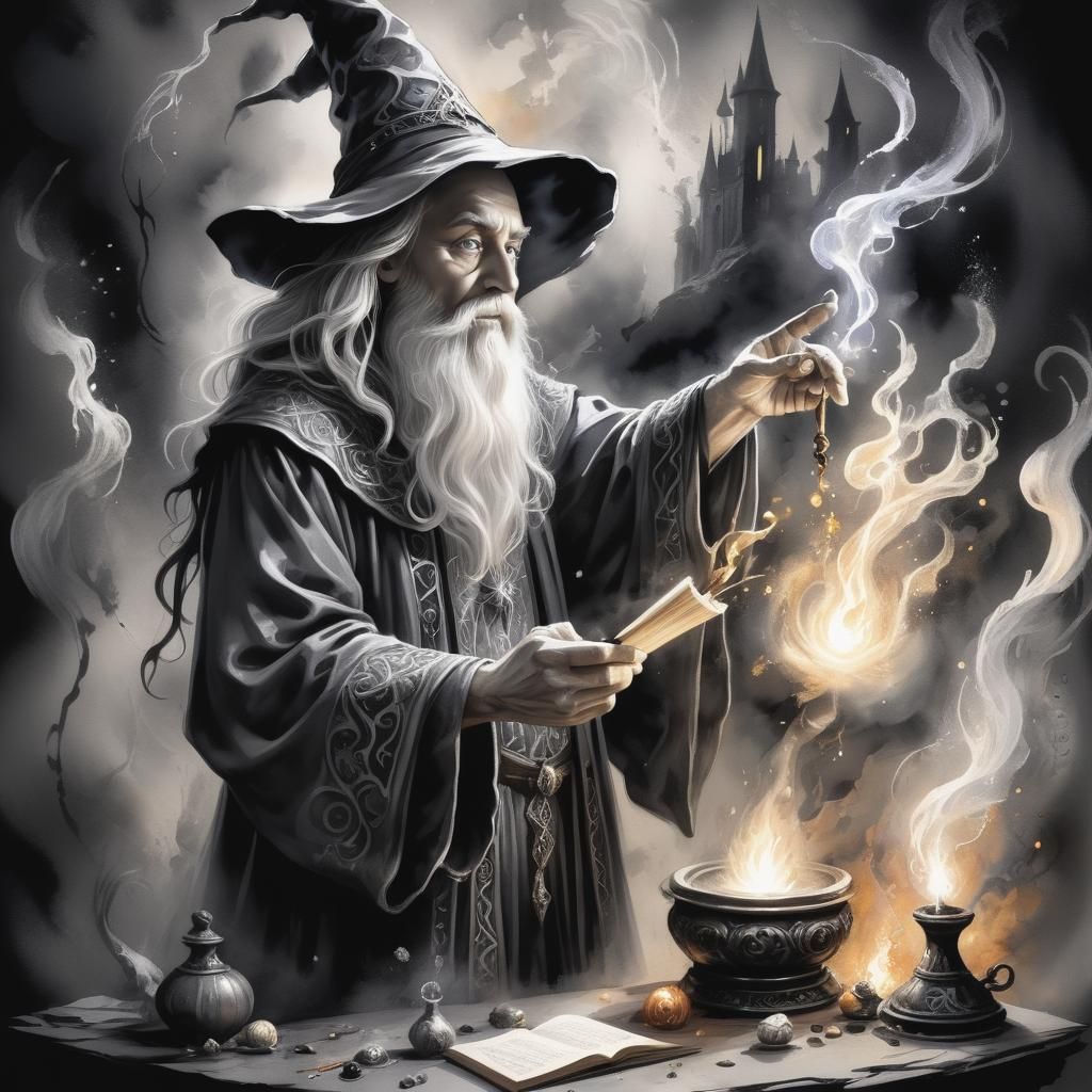 Fantasy Wizard Creating a Spell as Oil Painting