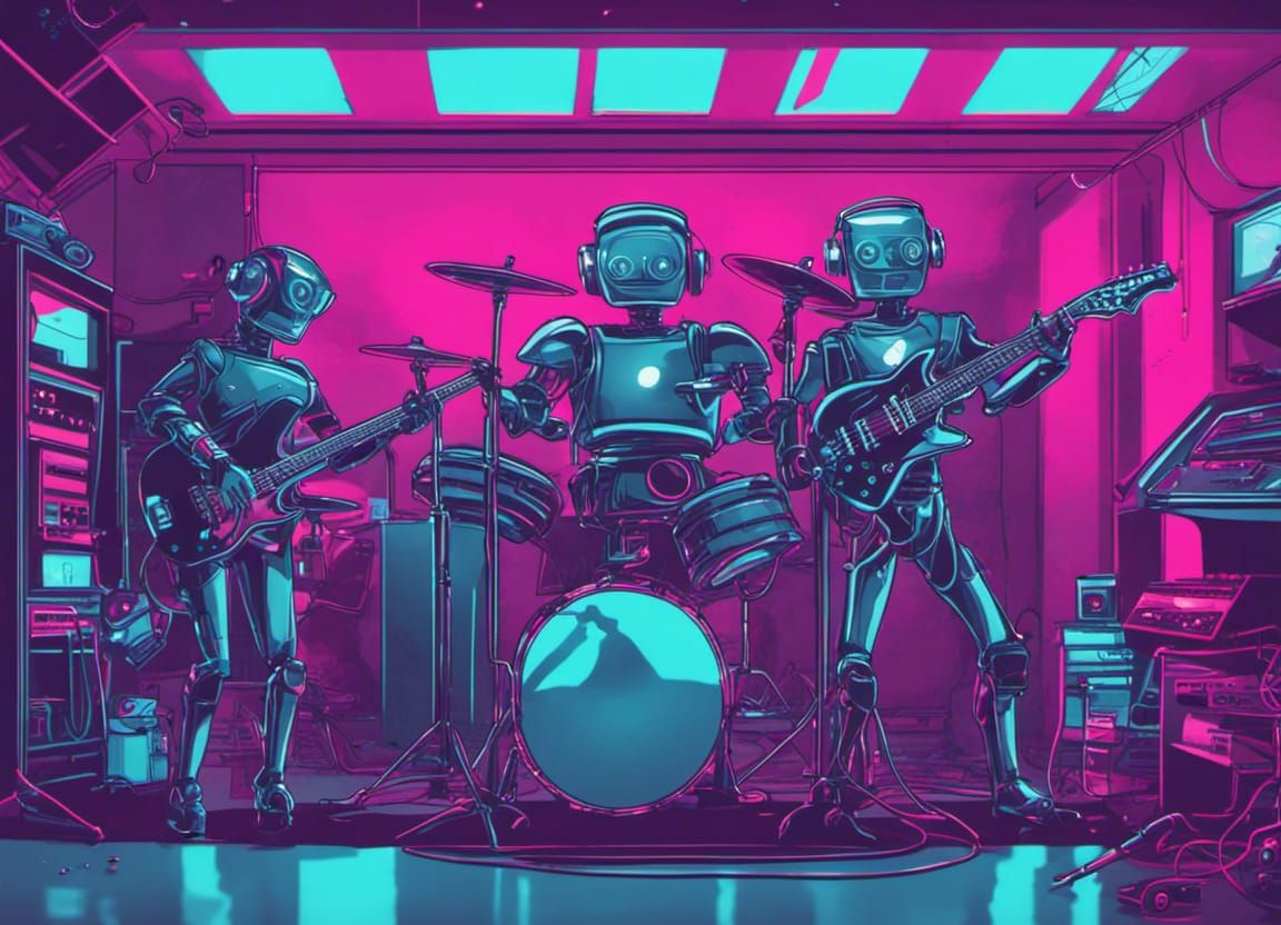 Futuristic Robot Rock Band Practice in Synthwave Style