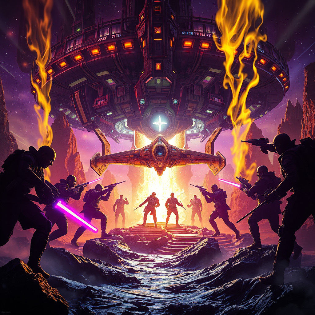 Epic Sci-Fi Crew in Space Battle, Hyperdetailed Art