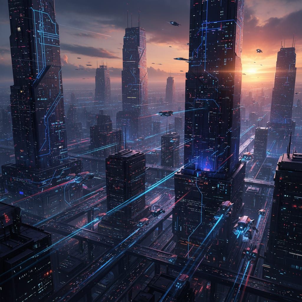 Futuristic Neon Cityscape at Dusk