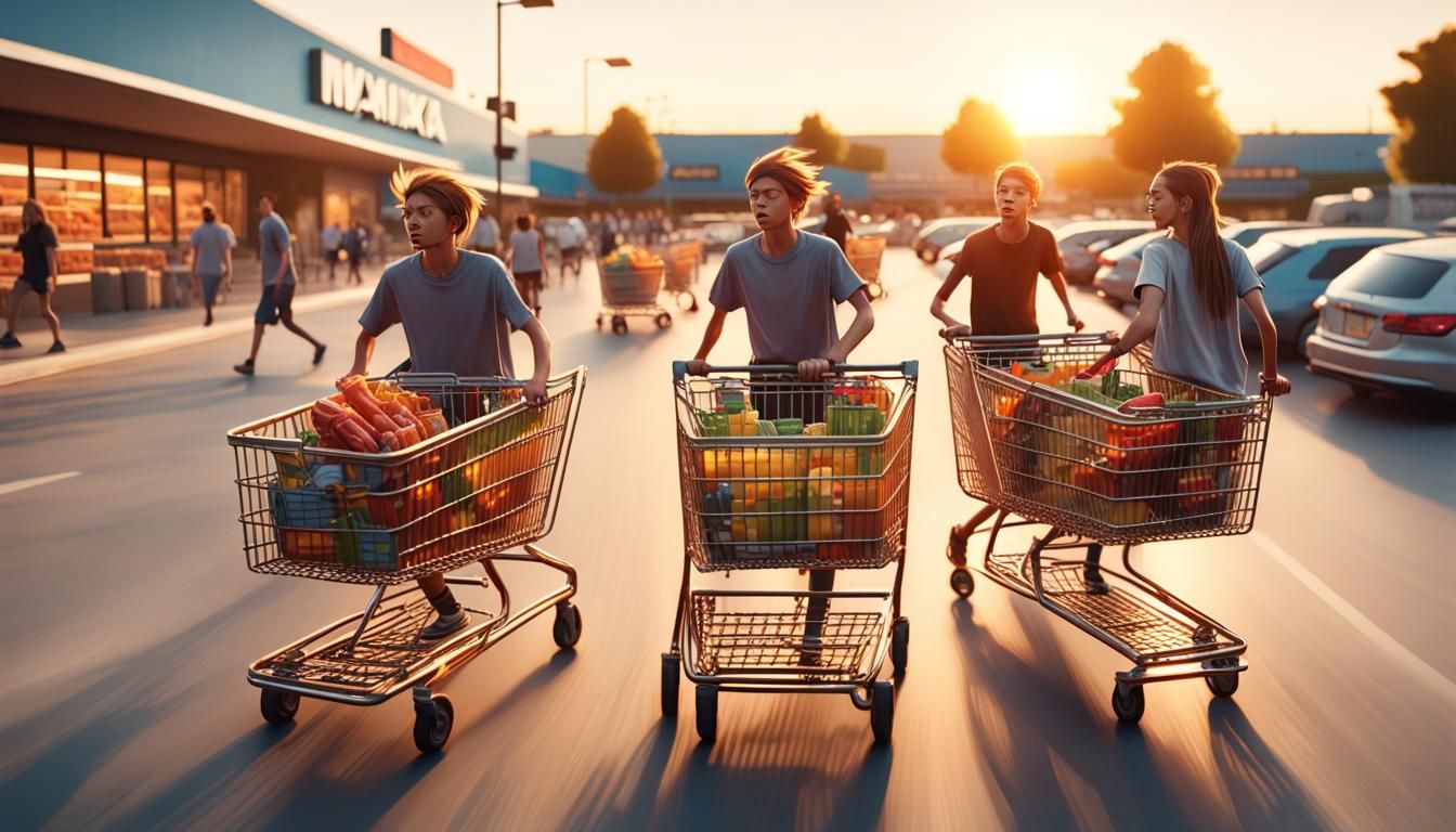 Teenagers Shopping Cart Racing in Hyperreal Style
