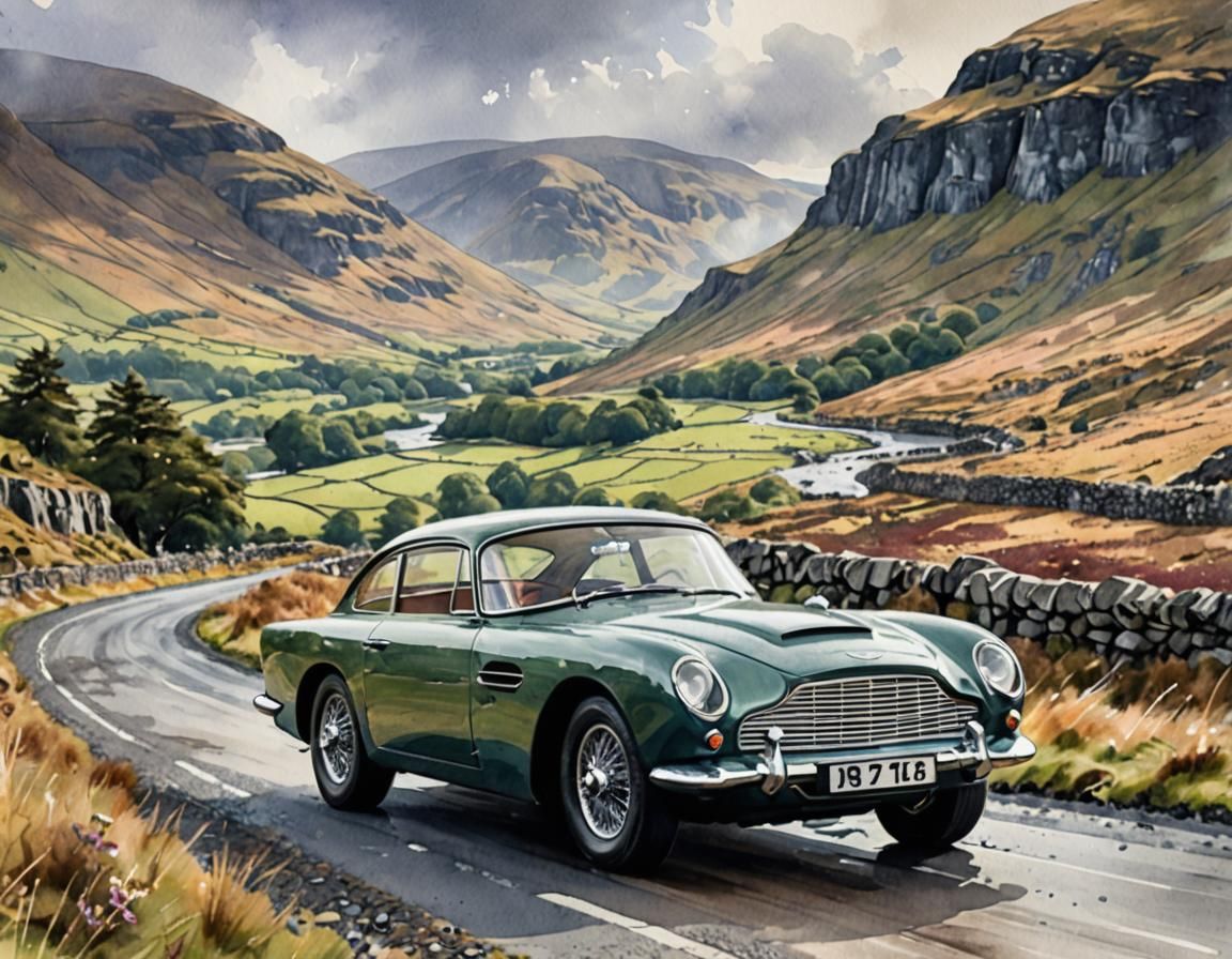 Aston Martin DB4 in Scottish Highlands, Watercolor