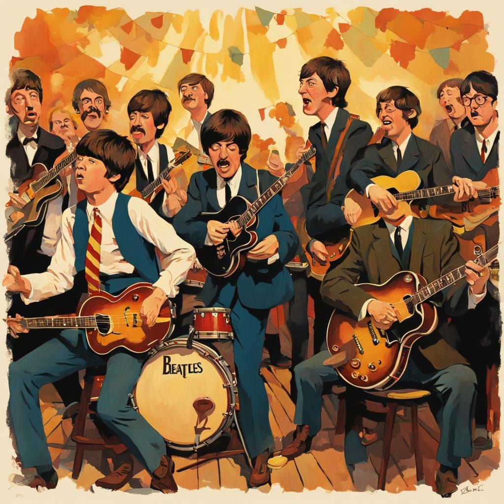The Beatles Caricatured in Norman Rockwell Americana Style