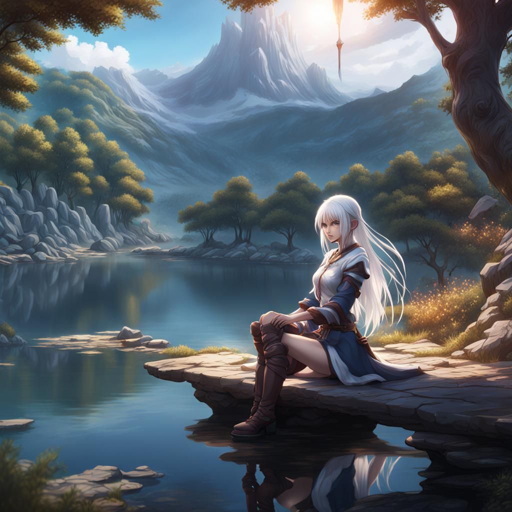 Anime RPG Game Cover: White Hair Girl by Lake