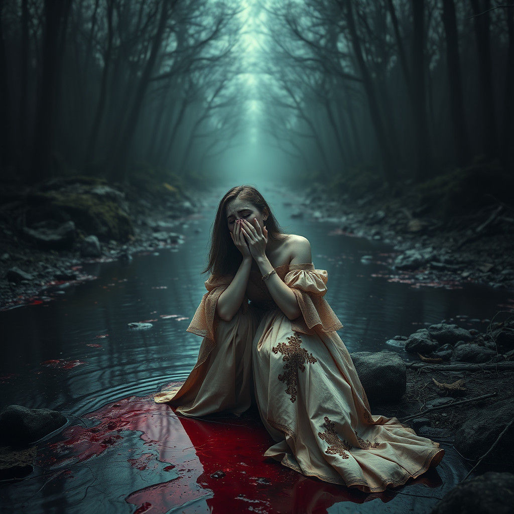 Heartbroken Goth Woman Crying by Bloody River