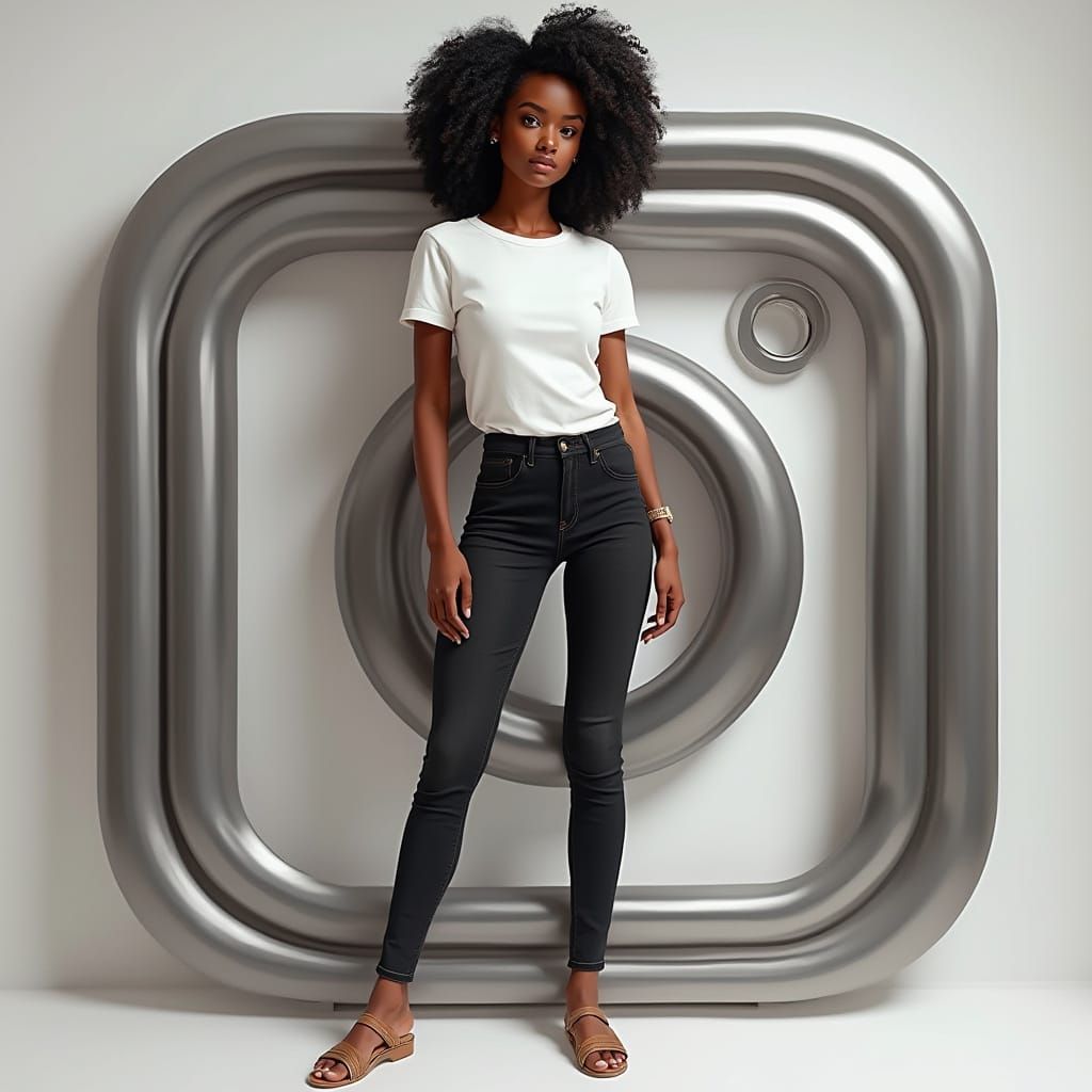 Young Woman Leaning on Instagram Logo, Hyper-Realistic 3D