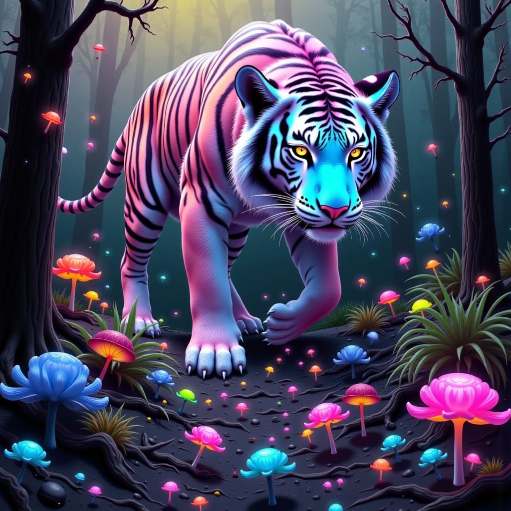 Rainbow Tiger in Dreamlike Landscape, Digital Art