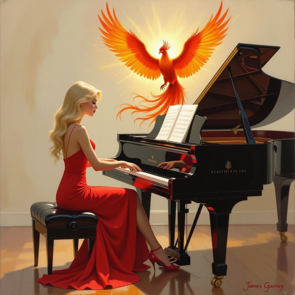 Phoenix Rises from Piano in Impressionist Oil Painting