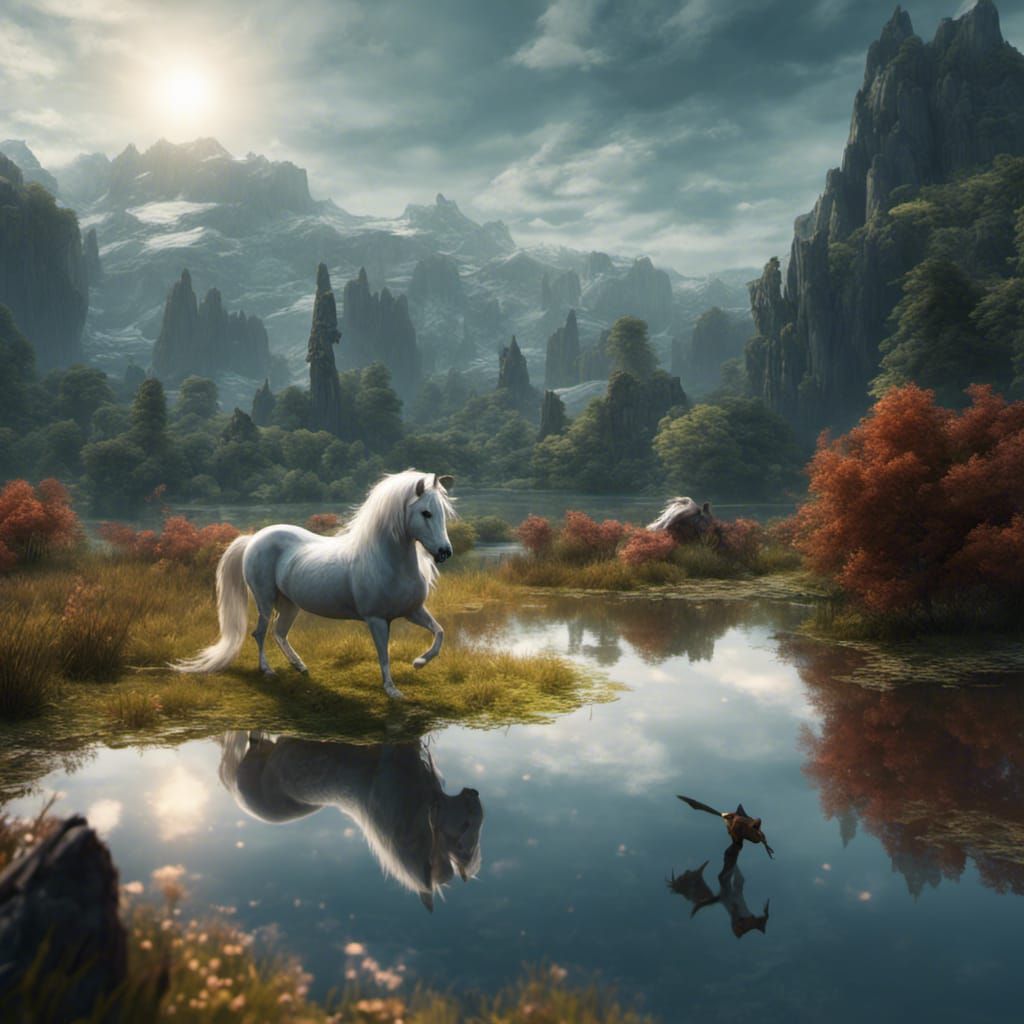 Winged Stallion in Lake with Squirrel: Fantasy Art