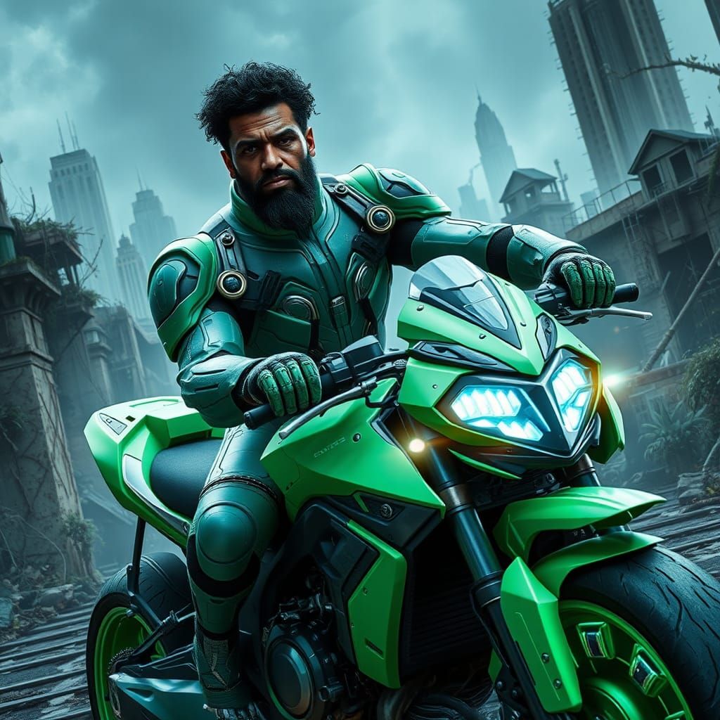 Armored Man on Motorcycle in Ruined Cityscape