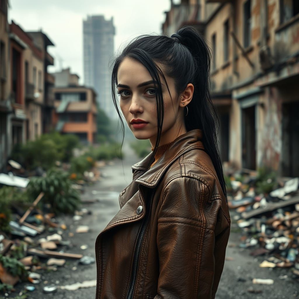 Woman in Ruined Cityscape: Cinematic Realism