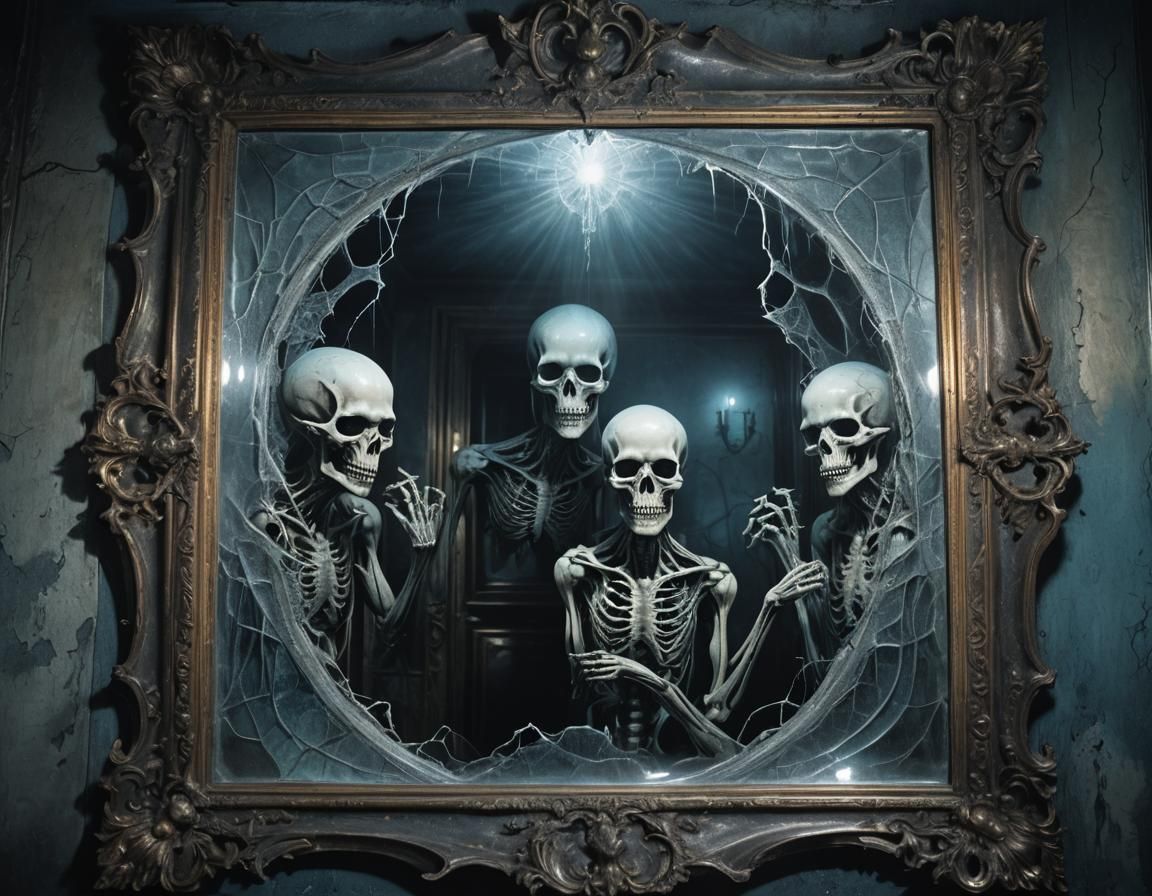 Ornate Mirror Reflecting Ghostly Figures in Dark Fantasy