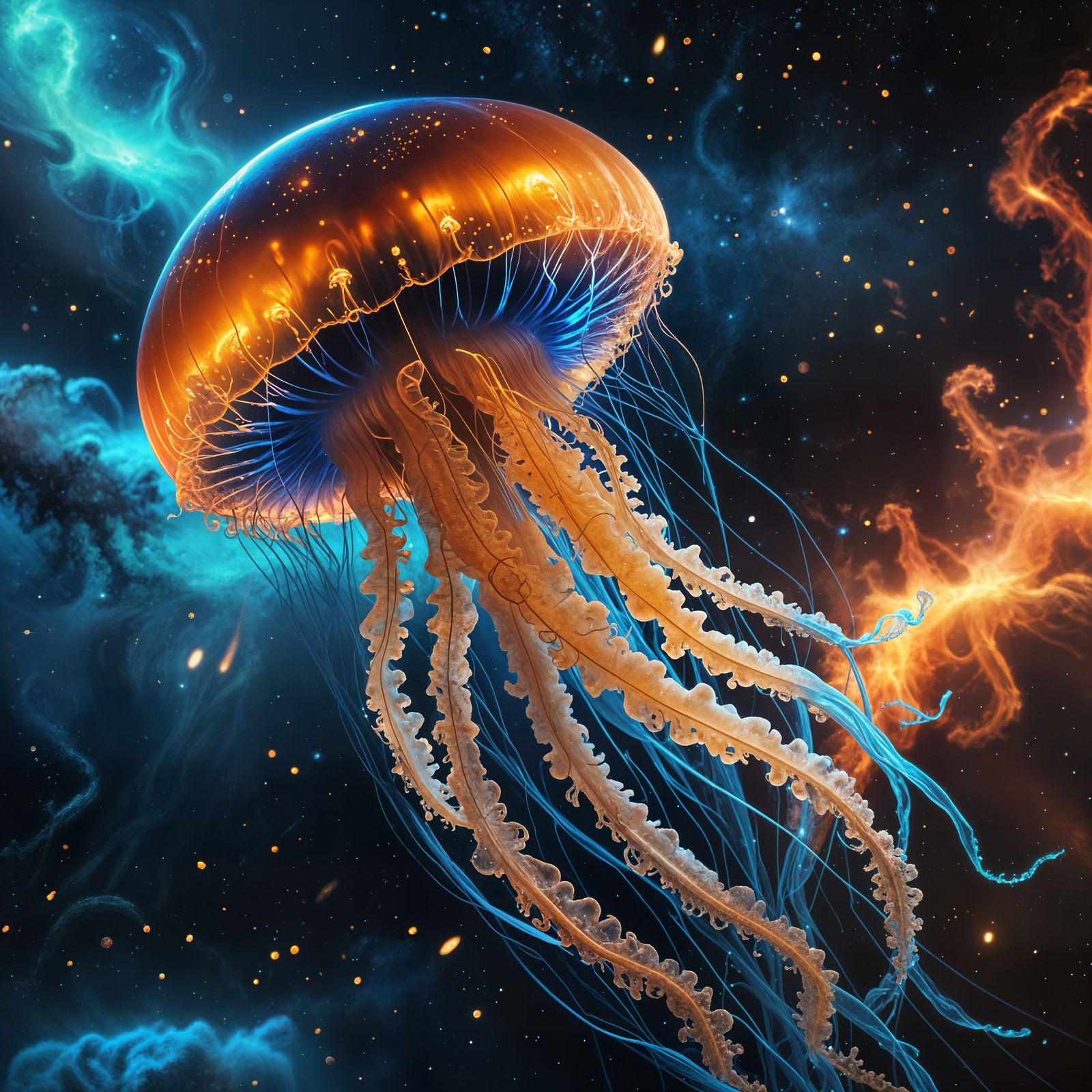 Bioluminescent Jellyfish Drifting Through Nebula