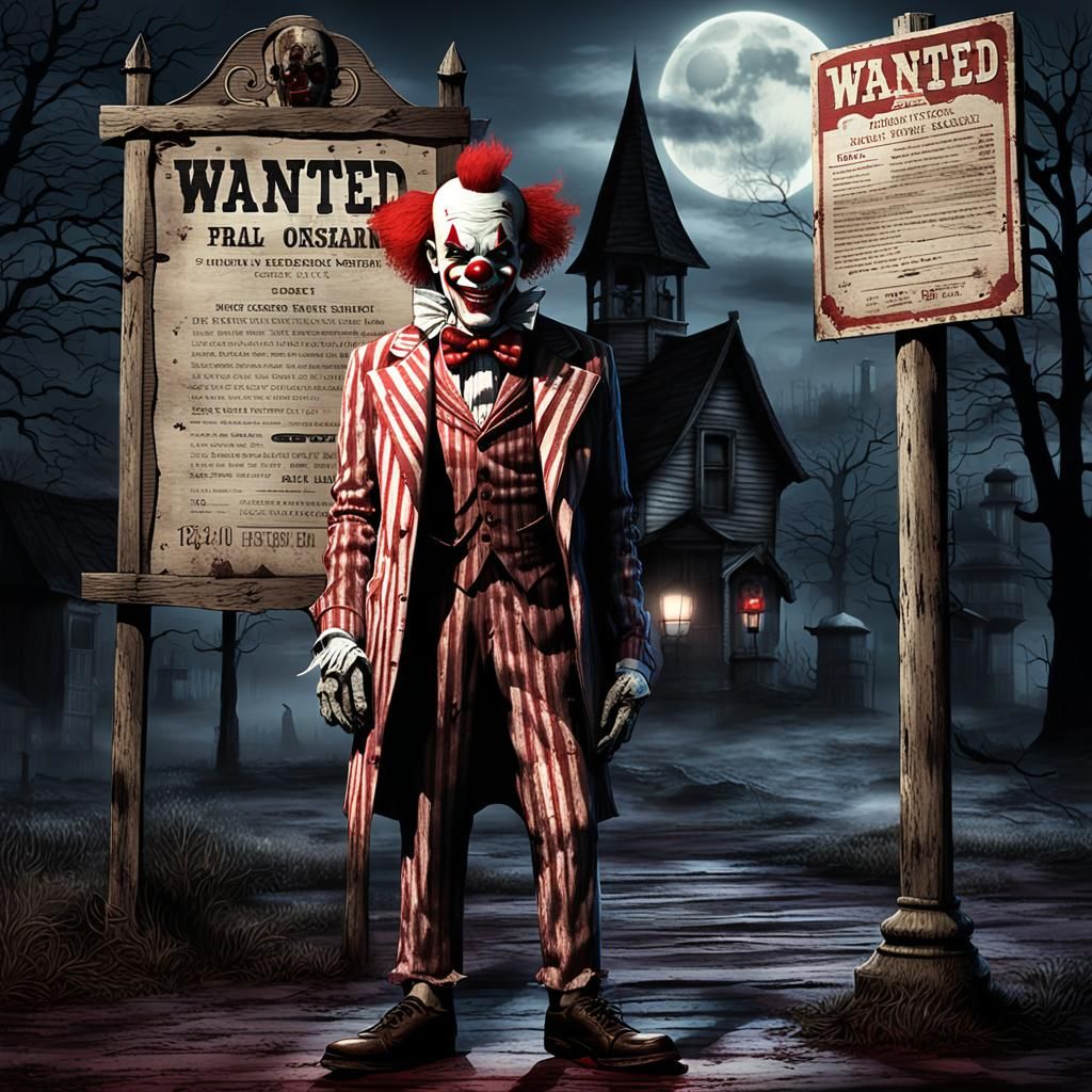 Sinister Clown Wanted Poster in Gothic Horror Style