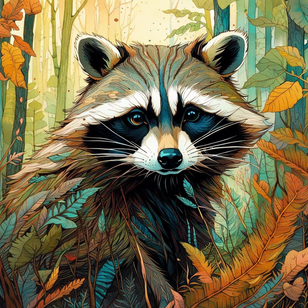 Detailed Raccoon Portrait in Forest, Digital Painting
