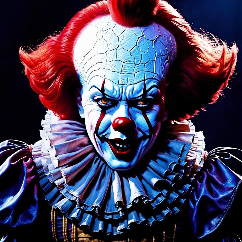 Menacing Pennywise Portrait in 1980s Horror Style