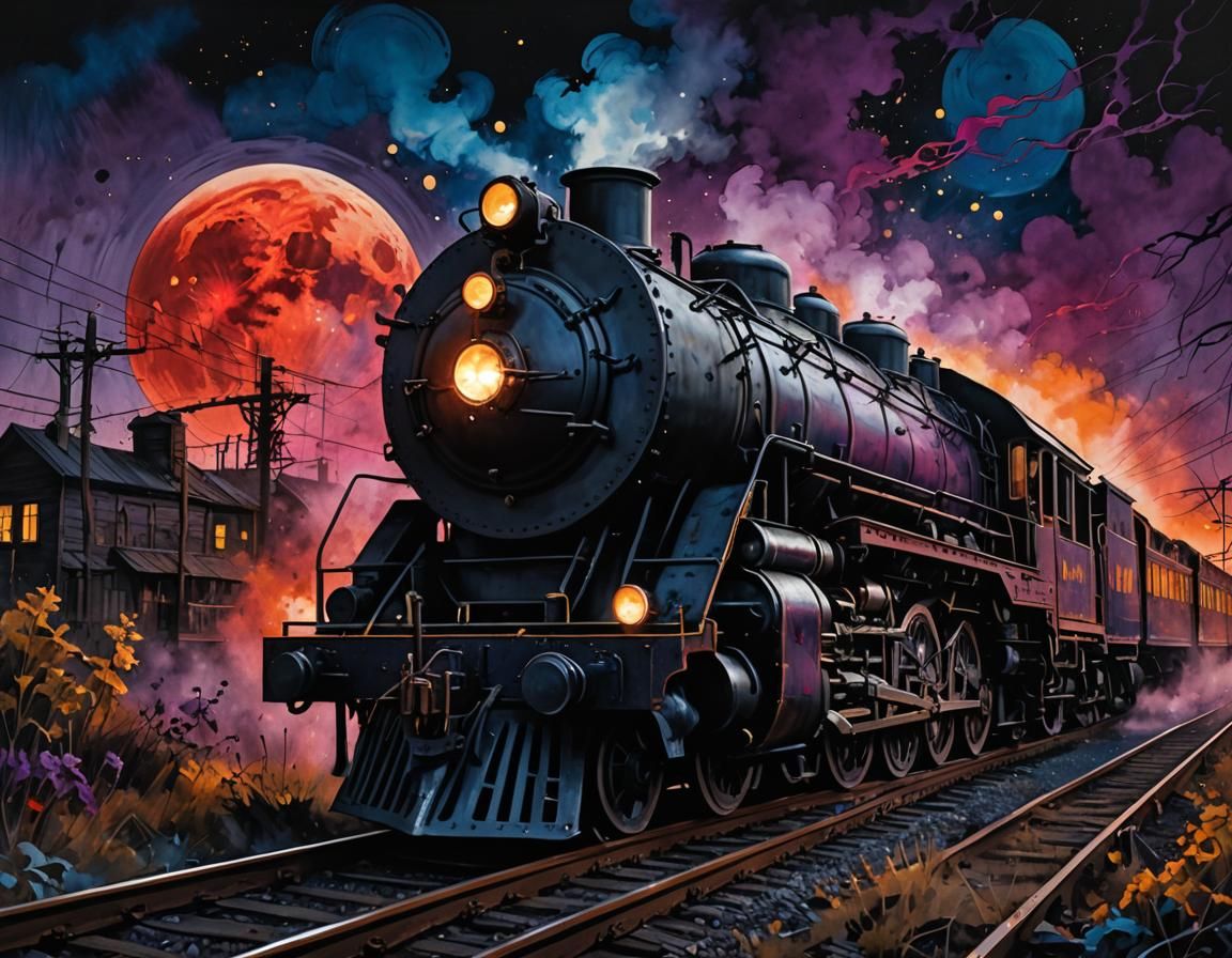 Spooky Locomotive Under Harvest Moon in Expressionist Style