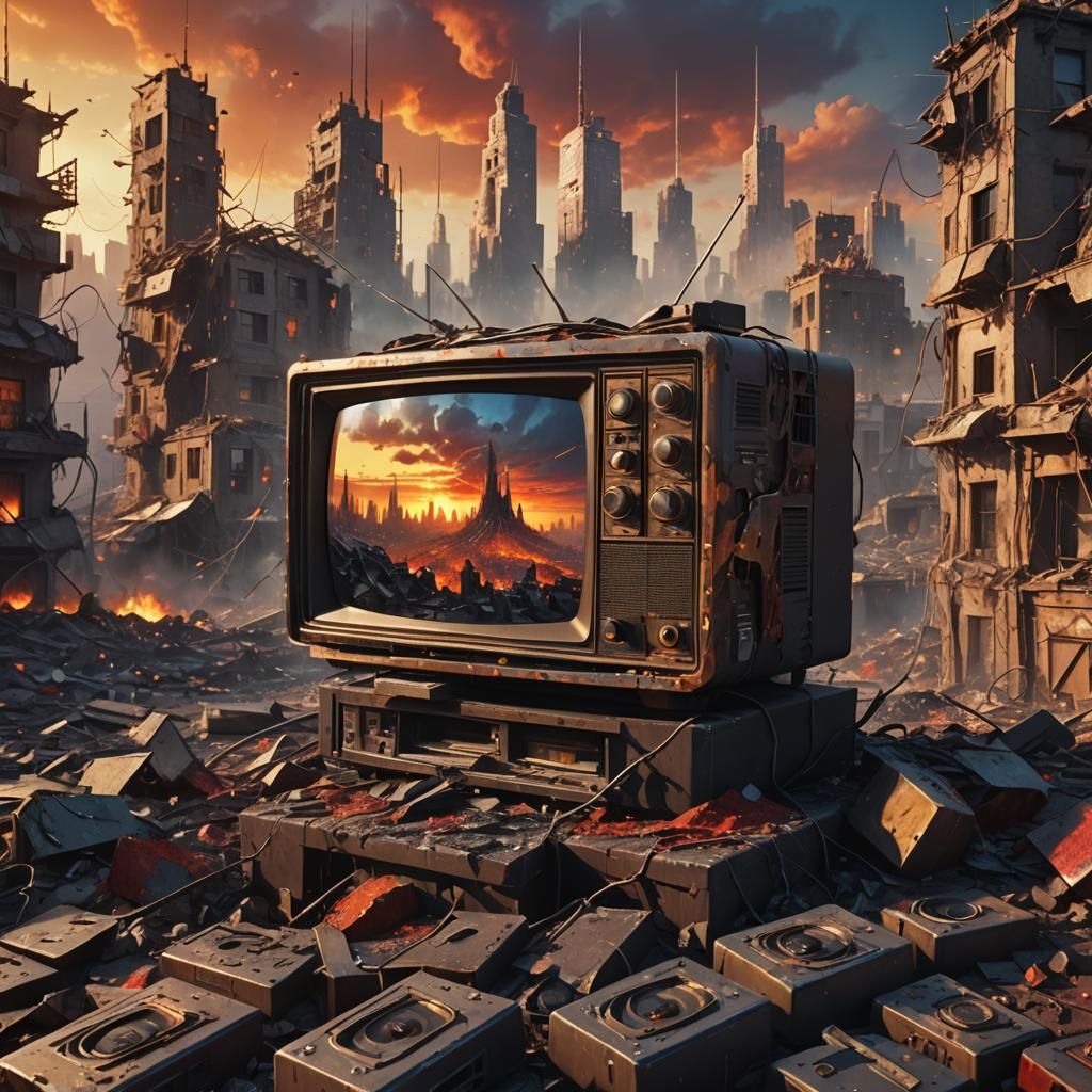 Surreal Media Giants in Post-Apocalyptic Cityscape