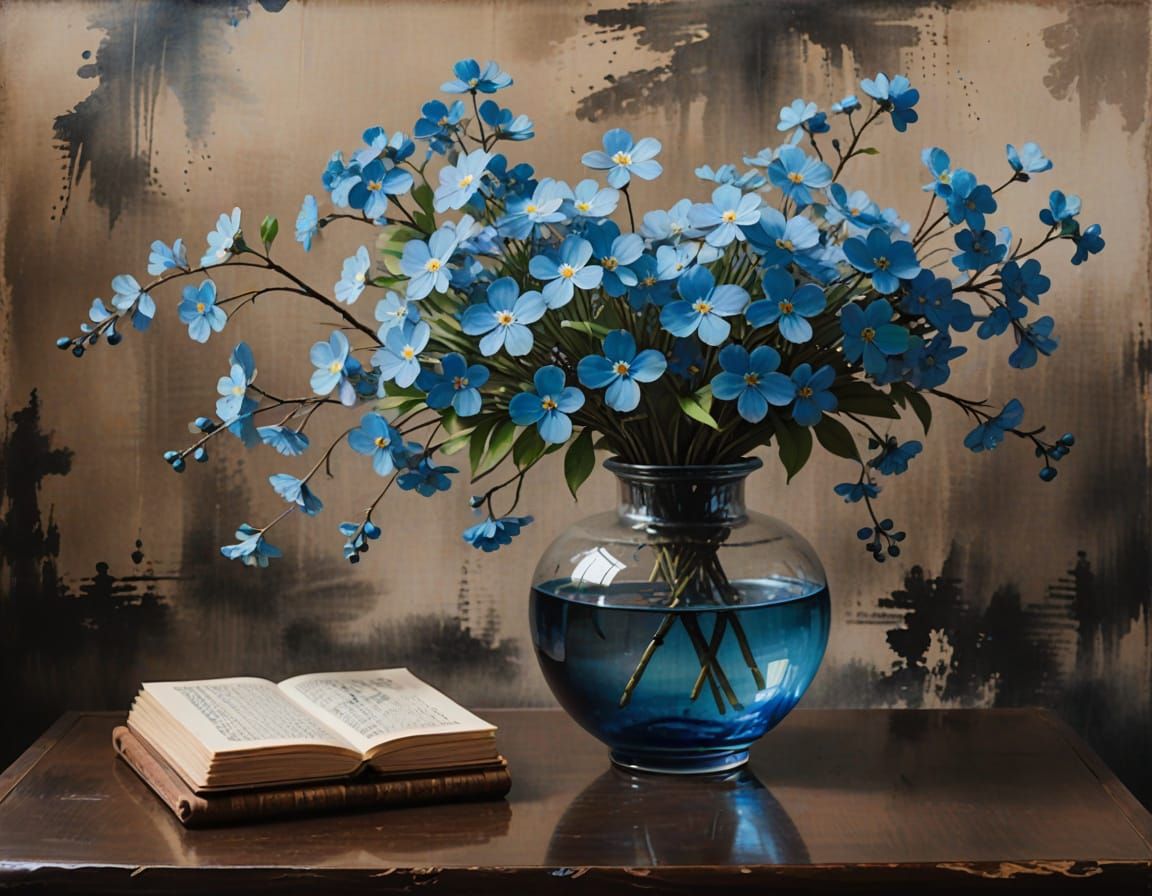Forget-Me-Nots in Vase: Ink Chinese Painting