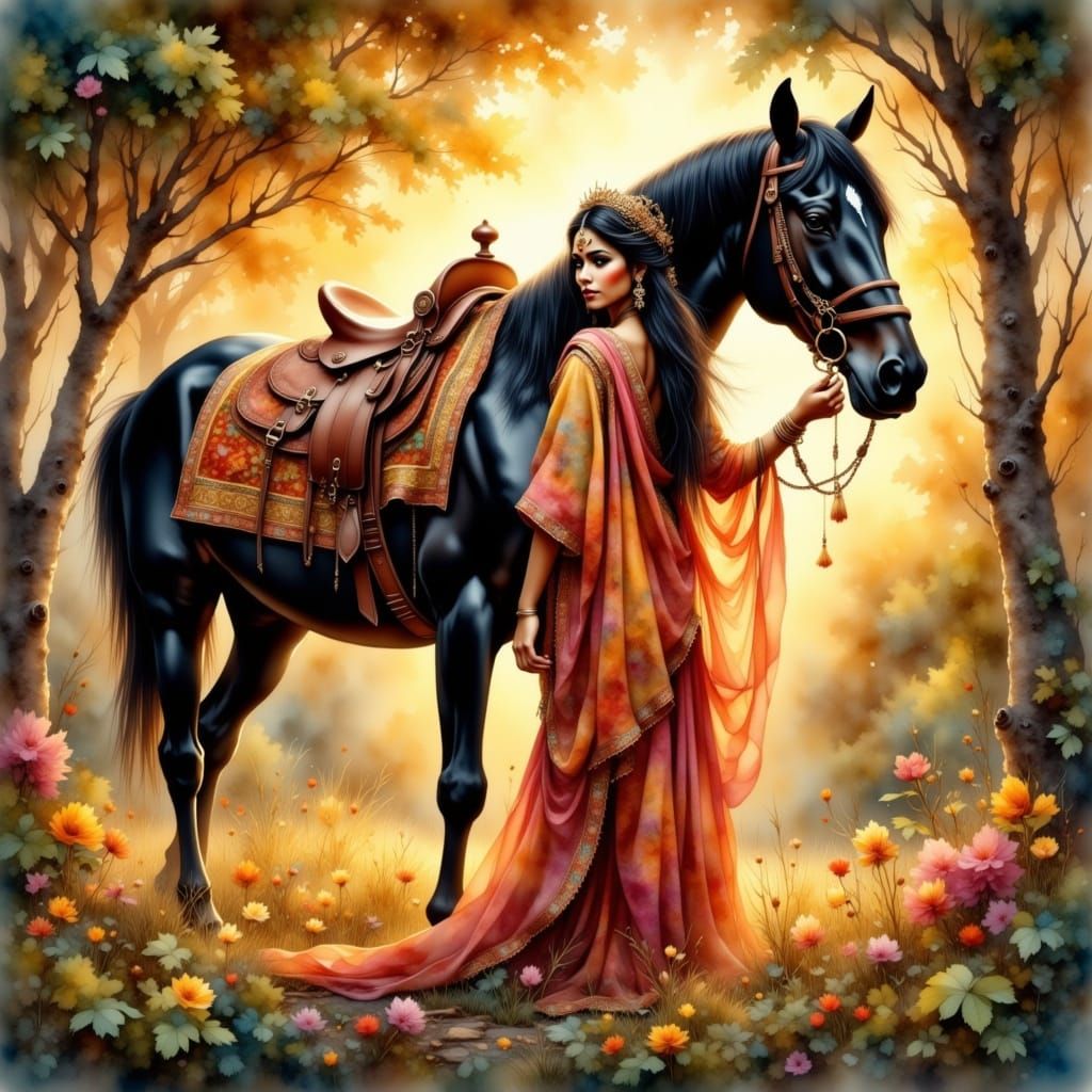Native American Woman with Horse in Watercolor Style