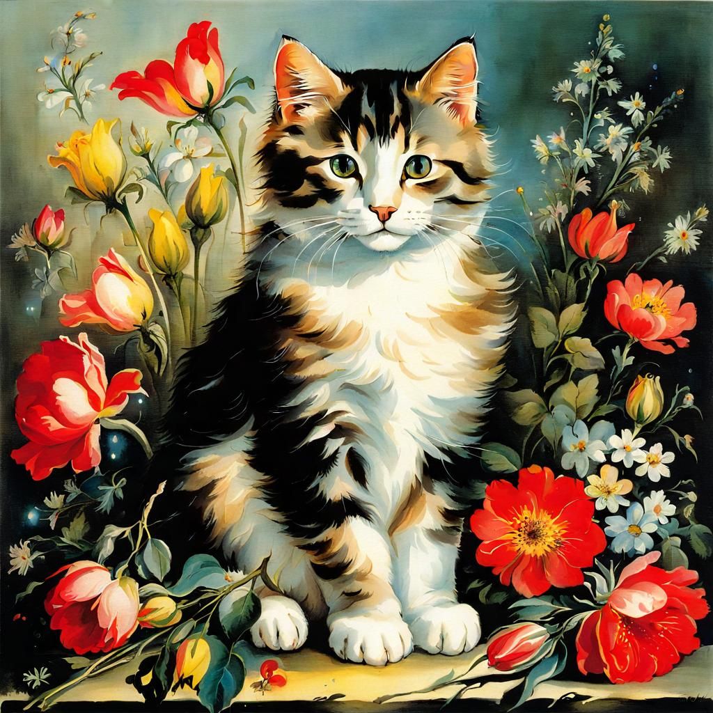 Cat with Flowers in Renaissance Style