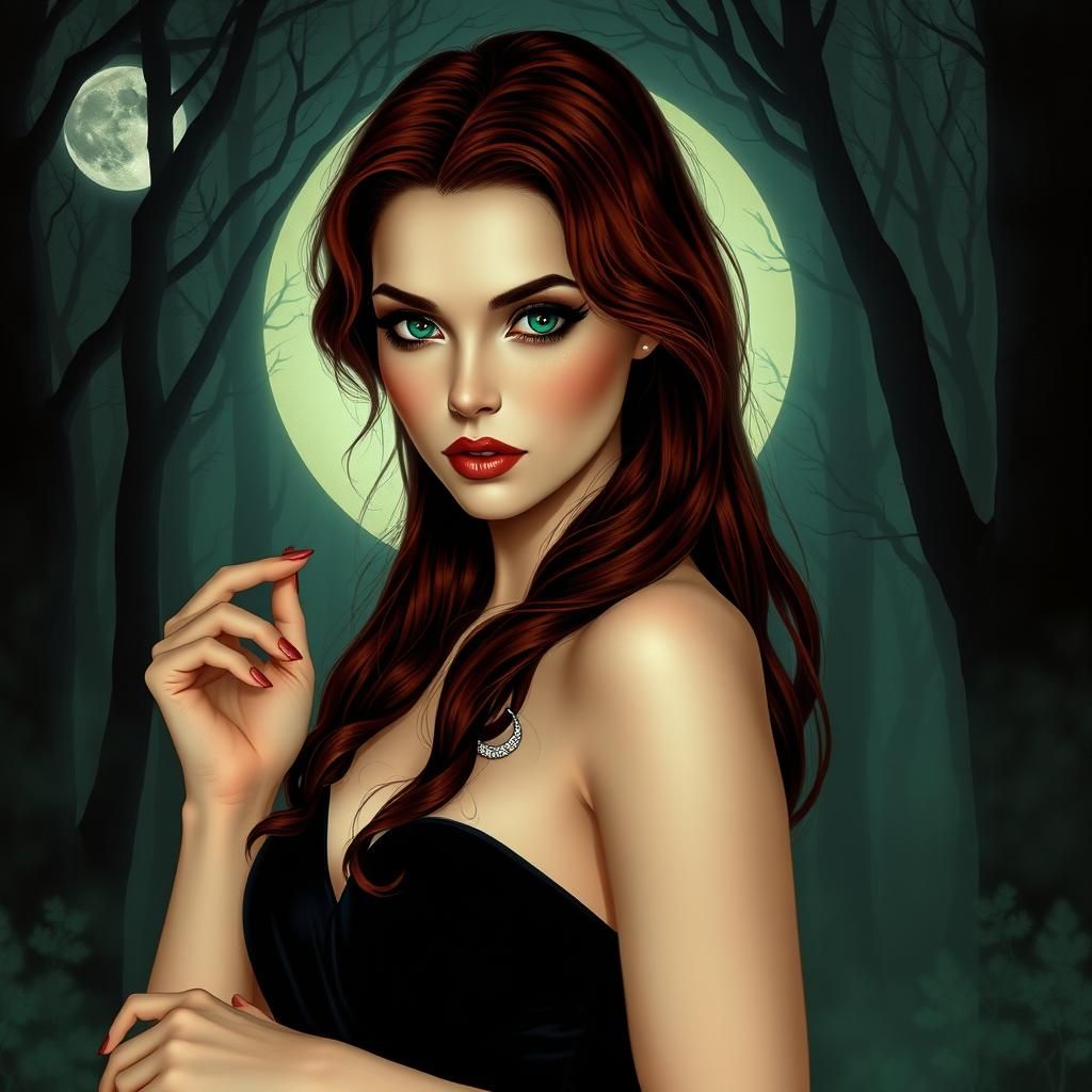 Mystical Woman in Moonlit Forest, Ethereal Art