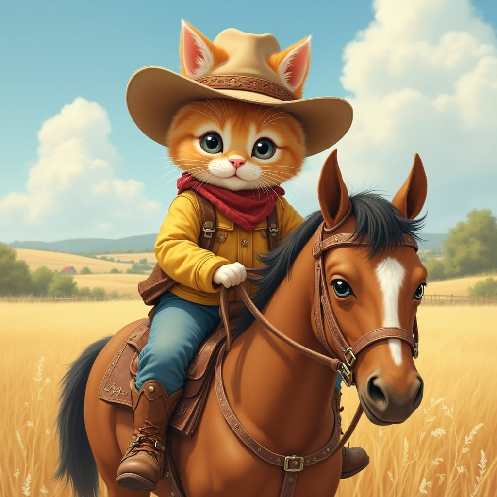 Kitten Cowboy Rides Horse in Storybook Art Style