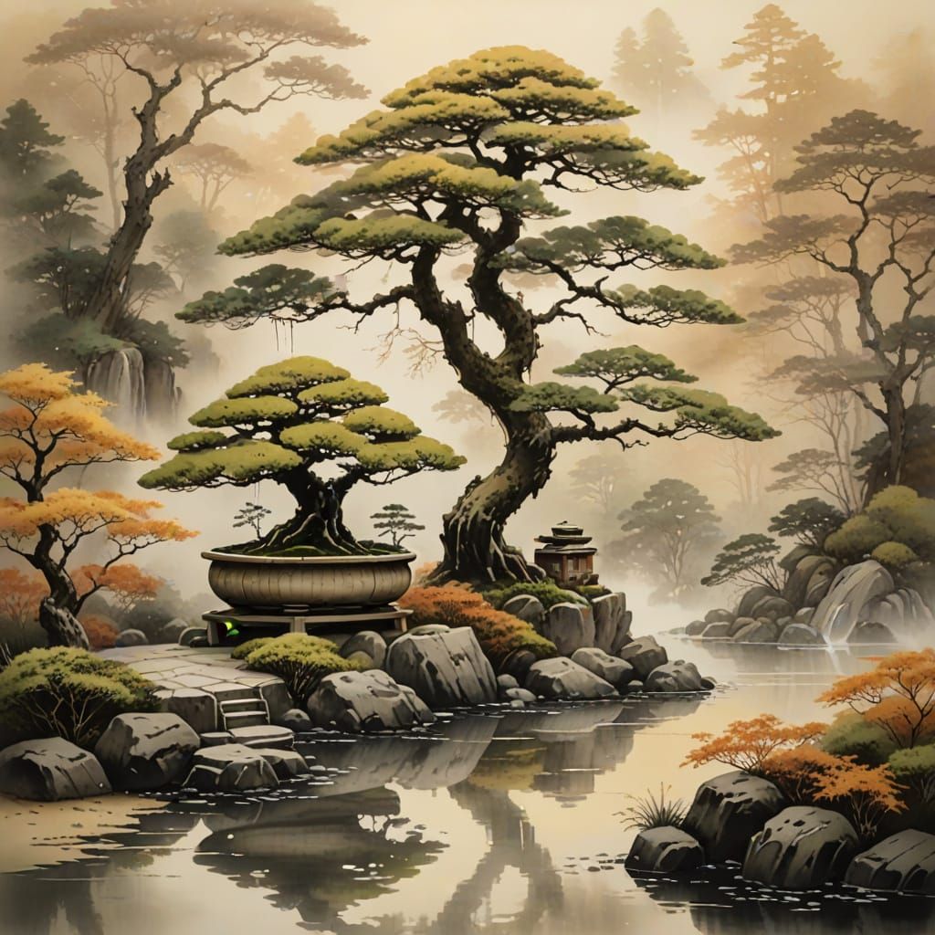 Zen Garden with Bonsai in Ink Wash Style