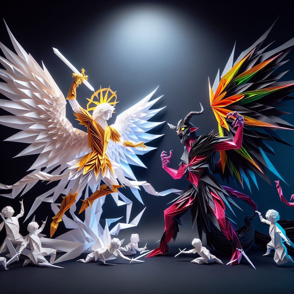 "Create a dramatic scene of Archangel Michael vanquishing an aberrant demon. The archangel should be depicted as a power...