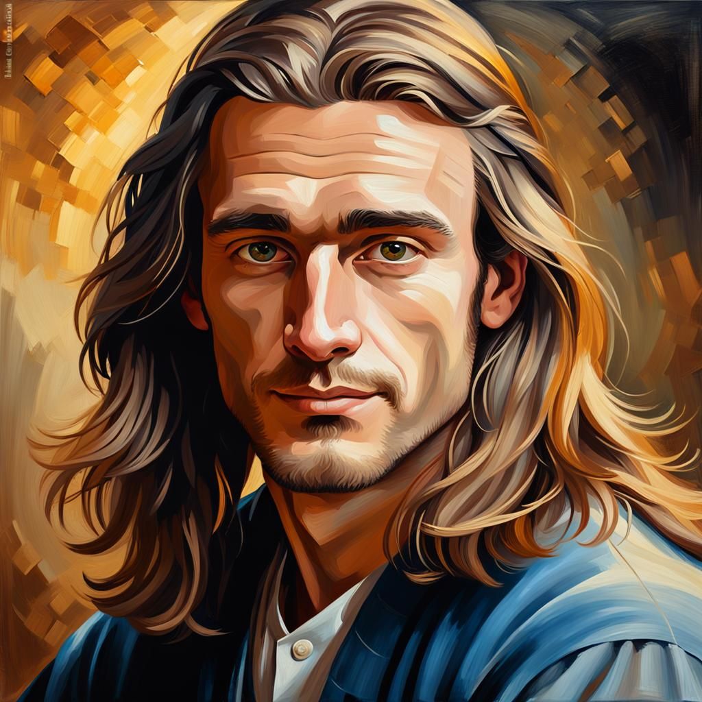 Handsome Man Portrait with Golden Light, Oil Painting