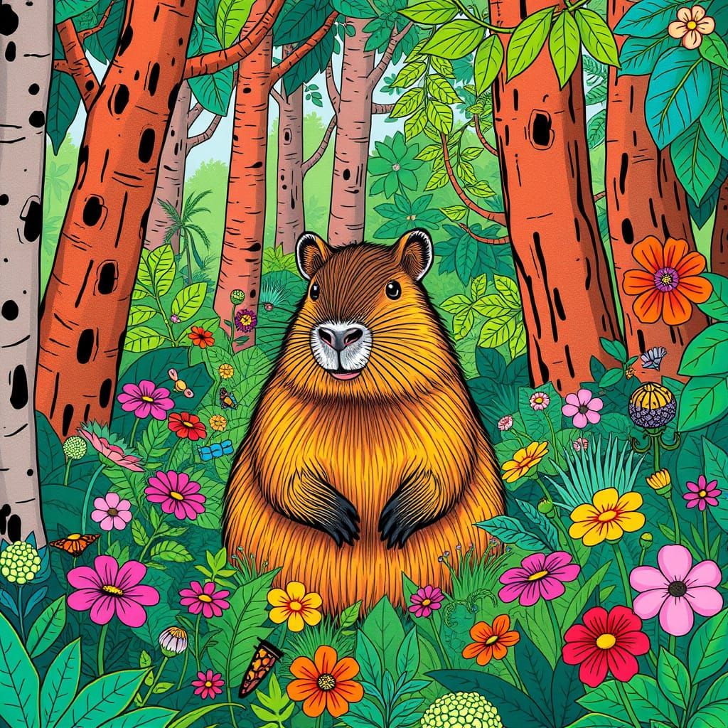 Capybara in Whimsical Forest: Illustrative Fantasy Art