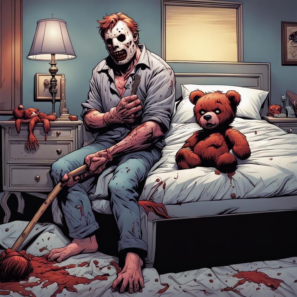 Jason Voorhees Spanked by Zombie Teddy: Comic Art