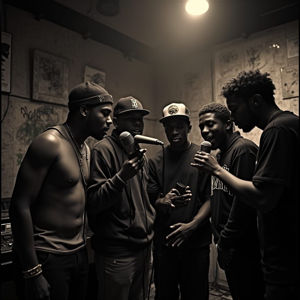 Beatboxers and Rappers Vibe in Dimly Lit Studio