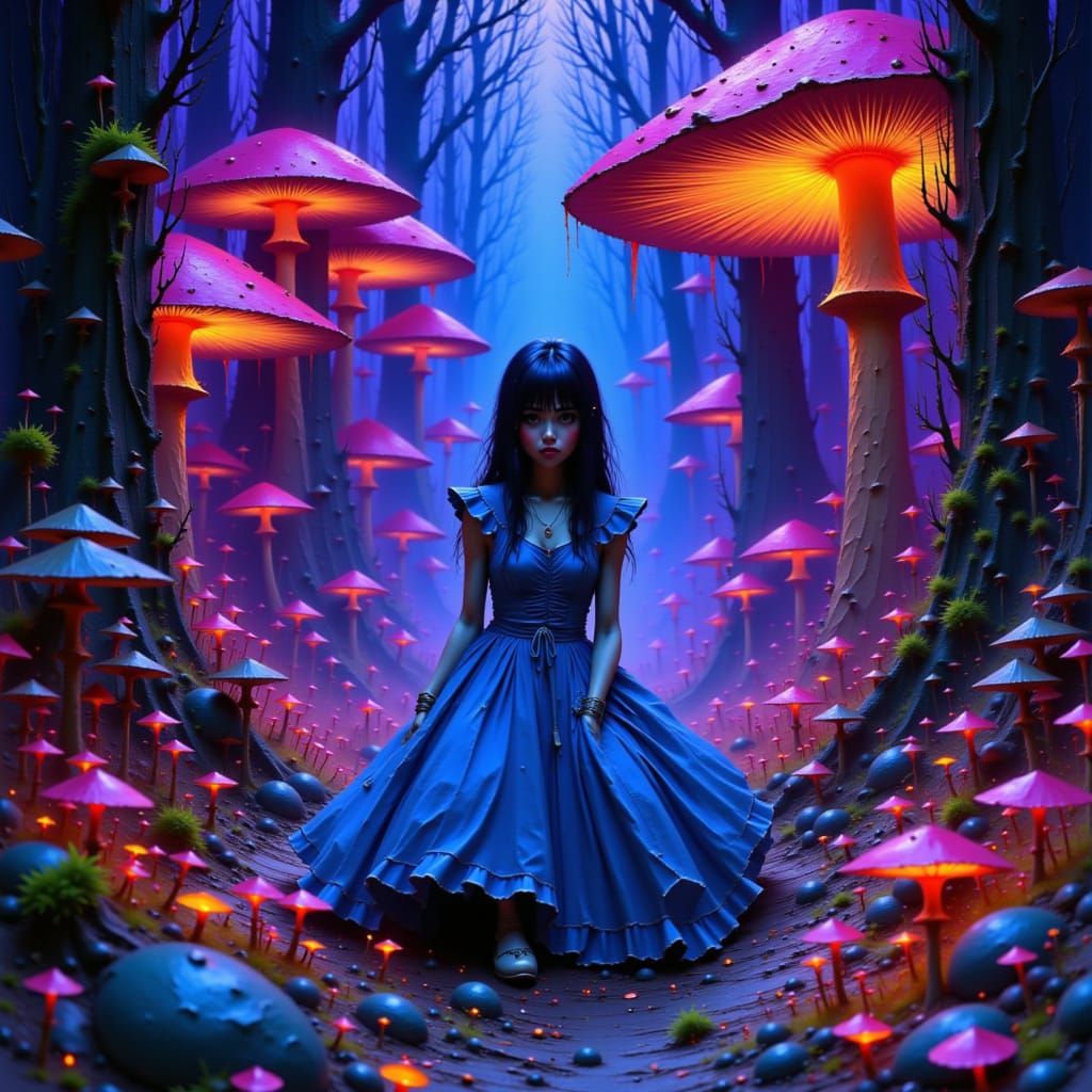 Evil Alice in Bioluminescent Wonderland: A Dystopian Vision
