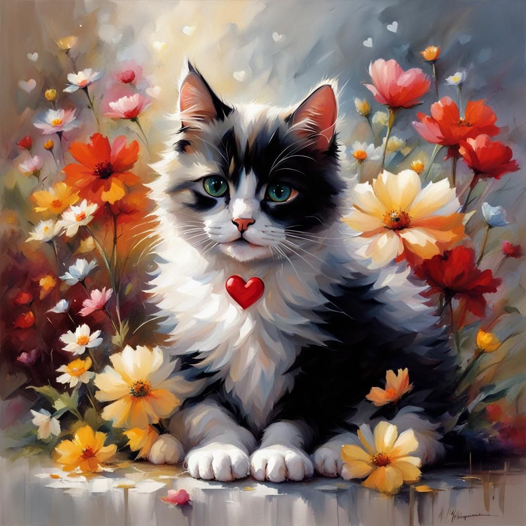 Cat Surrounded by Flowers in Impressionistic Style