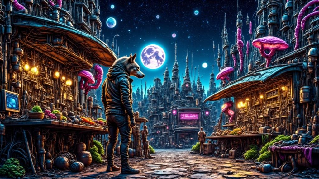 Post-Apocalyptic Alien Market in Cyberpunk Style