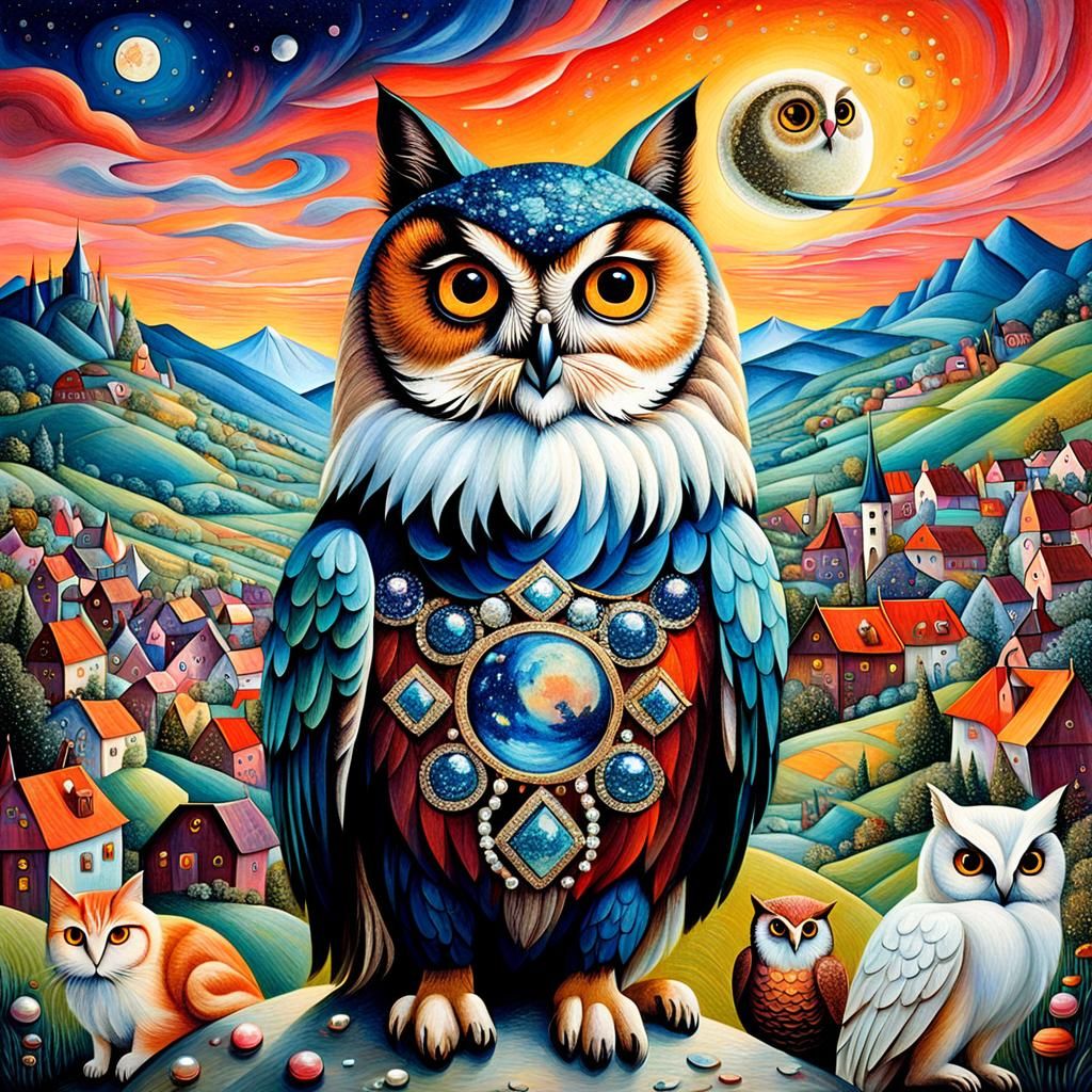 Surreal Night Landscape with Felines and Avians in Opulent S...