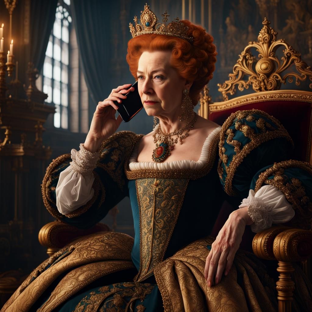 Queen Elizabeth I with Cell Phone: Detailed Fantasy Art