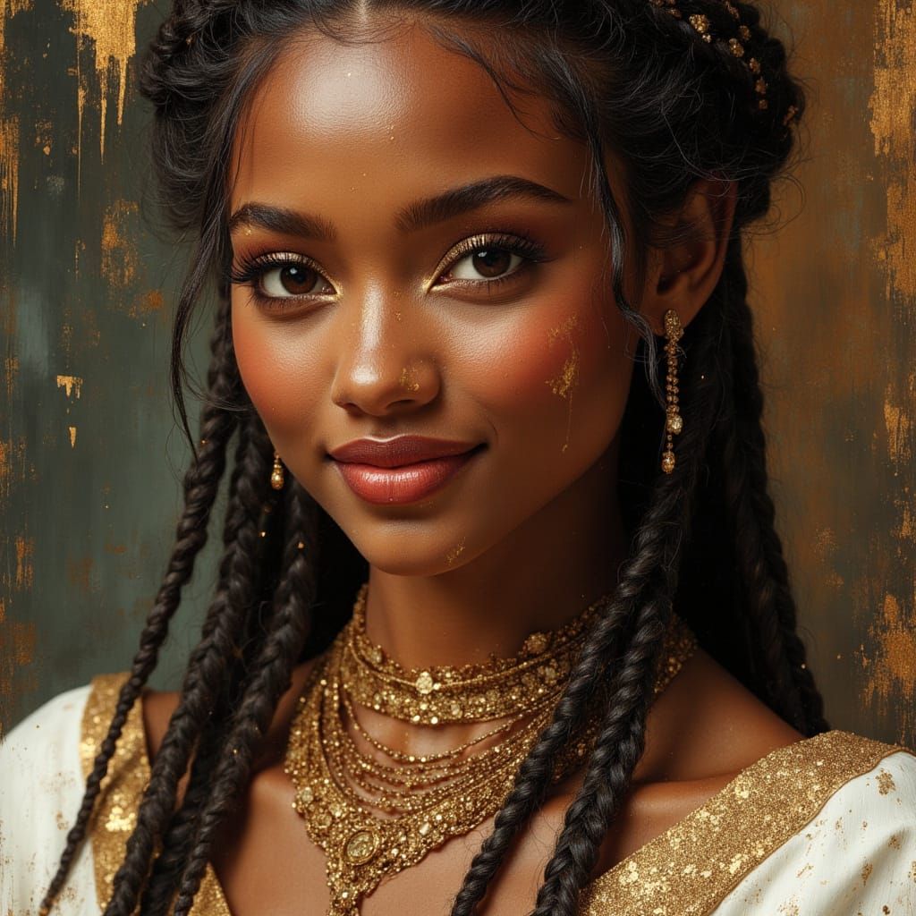 Elegant African Goddess Portrait in Divine Oil Painting Styl...