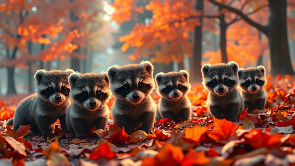 Cute Puppies & Raccoon Babies Play in Ethereal Autumn Light